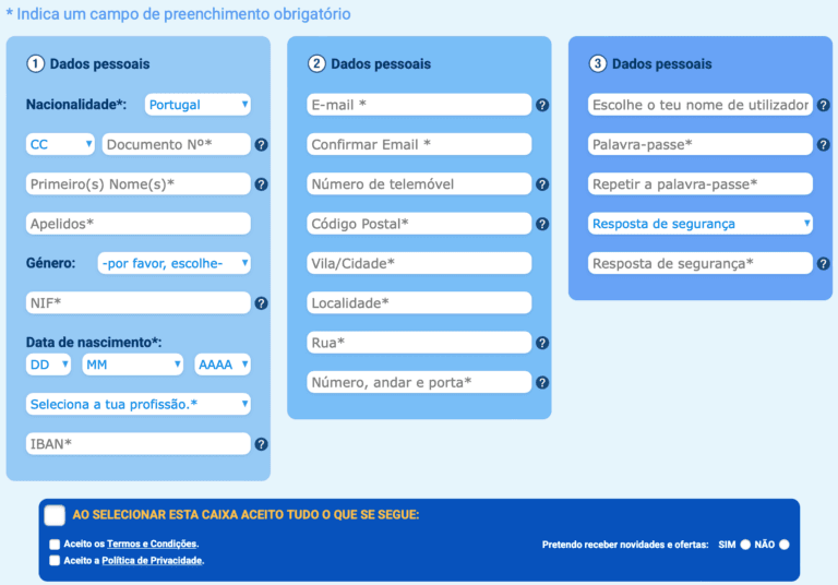 Formulário de registo YoBingo