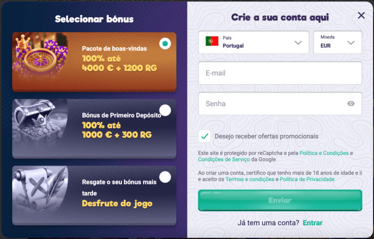 Formulário de registo Safecasino